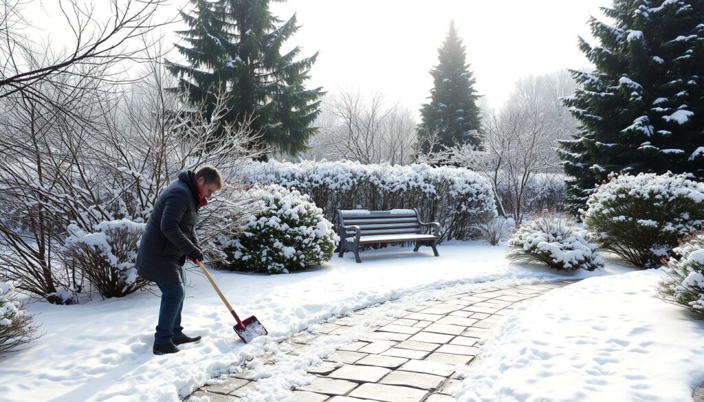 Odśnieżanie w ogrodzie podczas zimy Odśnieżanie w ogrodzie podczas zimy