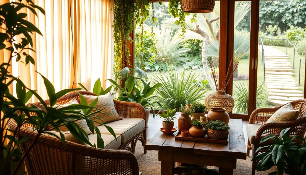A cozy, boho-inspired indoor-outdoor scene showcasing a lush, verdant oasis. In the foreground, a woven rattan loveseat and armchair are nestled among potted palms and trailing vines. Diffused natural light filters through sheer curtains, casting a warm, golden glow. In the middle ground, a rustic wooden table is adorned with an eclectic mix of terracotta pots, woven baskets, and fresh greenery. The background reveals a verdant garden through large windows, with swaying grasses and a glimpse of a winding stone path. An overall atmosphere of tranquility, warmth, and harmony between indoor and outdoor spaces. A cozy, boho-inspired indoor-outdoor scene showcasing a lush, verdant oasis. In the foreground, a woven rattan loveseat and armchair are nestled among potted palms and trailing vines. Diffused natural light filters through sheer curtains, casting a warm, golden glow. In the middle ground, a rustic wooden table is adorned with an eclectic mix of terracotta pots, woven baskets, and fresh greenery. The background reveals a verdant garden through large windows, with swaying grasses and a glimpse of a winding stone path. An overall atmosphere of tranquility, warmth, and harmony between indoor and outdoor spaces.