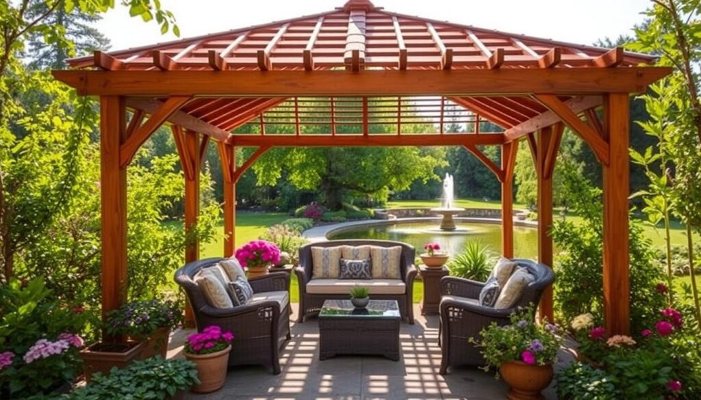 A cozy wooden gazebo nestled in a lush, verdant garden. Sunlight filters through the lattice roof, casting a warm, inviting glow on the space. Potted plants and blooming flowers line the perimeter, adding pops of color and a touch of natural elegance. Comfortable outdoor furniture, such as a wicker sofa and armchairs, invites relaxation and conversation. The gazebo's open design seamlessly integrates the structure with the surrounding landscape, creating a harmonious and tranquil outdoor oasis. A serene pond or water feature glistens in the distance, complementing the serene ambiance. The overall scene evokes a sense of peaceful contemplation and a perfect retreat from the hustle and bustle of daily life. A cozy wooden gazebo nestled in a lush, verdant garden. Sunlight filters through the lattice roof, casting a warm, inviting glow on the space. Potted plants and blooming flowers line the perimeter, adding pops of color and a touch of natural elegance. Comfortable outdoor furniture, such as a wicker sofa and armchairs, invites relaxation and conversation. The gazebo's open design seamlessly integrates the structure with the surrounding landscape, creating a harmonious and tranquil outdoor oasis. A serene pond or water feature glistens in the distance, complementing the serene ambiance. The overall scene evokes a sense of peaceful contemplation and a perfect retreat from the hustle and bustle of daily life.