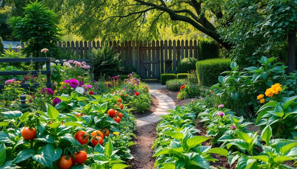 A lush and verdant domowy ogródek, filled with vibrant flowers, herbs, and leafy greens. The foreground features a well-tended vegetable patch, with rows of thriving tomatoes, carrots, and leafy kale. In the middle ground, a charming garden path winds through a mix of flowering perennials and neatly trimmed shrubs. The background showcases a picturesque backdrop of a rustic wooden fence, framed by the dappled sunlight filtering through the branches of a mature fruit tree. The overall scene conveys a sense of tranquility, balance, and the harmonious coexistence of nature and human cultivation. Captured with a wide-angle lens and natural lighting, this image embodies the essence of a well-designed domowy ogródek. A lush and verdant domowy ogródek, filled with vibrant flowers, herbs, and leafy greens. The foreground features a well-tended vegetable patch, with rows of thriving tomatoes, carrots, and leafy kale. In the middle ground, a charming garden path winds through a mix of flowering perennials and neatly trimmed shrubs. The background showcases a picturesque backdrop of a rustic wooden fence, framed by the dappled sunlight filtering through the branches of a mature fruit tree. The overall scene conveys a sense of tranquility, balance, and the harmonious coexistence of nature and human cultivation. Captured with a wide-angle lens and natural lighting, this image embodies the essence of a well-designed domowy ogródek.