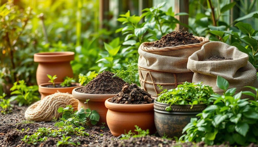 A lush, natural garden setting with a variety of organic fertilizers and soil amendments in the foreground. Terracotta pots, woven baskets, and burlap sacks filled with compost, manure, and other nutrient-rich materials are arranged artfully, their earthy tones contrasting with the vibrant greens of plants in the background. Soft, diffused lighting casts a warm, inviting glow, emphasizing the rustic, eco-friendly atmosphere. The scene conveys a sense of sustainability, harmony with nature, and a commitment to responsible gardening practices. A lush, natural garden setting with a variety of organic fertilizers and soil amendments in the foreground. Terracotta pots, woven baskets, and burlap sacks filled with compost, manure, and other nutrient-rich materials are arranged artfully, their earthy tones contrasting with the vibrant greens of plants in the background. Soft, diffused lighting casts a warm, inviting glow, emphasizing the rustic, eco-friendly atmosphere. The scene conveys a sense of sustainability, harmony with nature, and a commitment to responsible gardening practices.