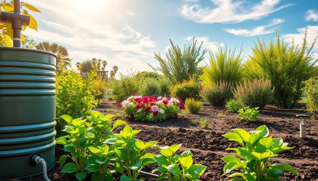 A lush, verdant garden scene showcasing water-saving techniques for eco-friendly horticulture. In the foreground, a rain barrel and drip irrigation system nourish thriving plants. The middle ground features a well-mulched flower bed, while the background depicts a naturally xeriscaped landscape with drought-tolerant shrubbery. Sunlight filters through wispy clouds, casting a warm, golden glow over the tranquil setting. The overall composition emphasizes the harmony between nature, conservation, and sustainable gardening practices. A lush, verdant garden scene showcasing water-saving techniques for eco-friendly horticulture. In the foreground, a rain barrel and drip irrigation system nourish thriving plants. The middle ground features a well-mulched flower bed, while the background depicts a naturally xeriscaped landscape with drought-tolerant shrubbery. Sunlight filters through wispy clouds, casting a warm, golden glow over the tranquil setting. The overall composition emphasizes the harmony between nature, conservation, and sustainable gardening practices.
