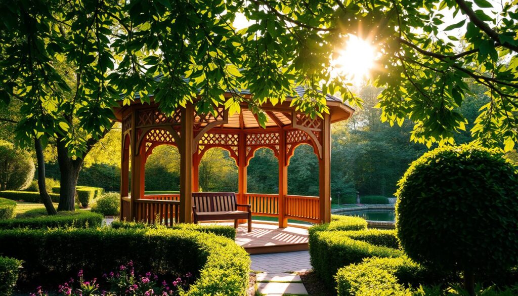 A lush, verdant garden setting with a beautifully crafted wooden gazebo taking center stage. The structure features intricate latticework, gently sloping roof, and a cozy interior space with seating arrangements. Warm sunlight filters through the canopy of leaves, casting a soft, golden glow over the scene. In the foreground, carefully tended flower beds and neatly trimmed hedges frame the gazebo, while in the background, a glimpse of a tranquil pond or water feature adds to the serene ambiance. The overall composition conveys a sense of harmony between the built structure and the natural surroundings, creating an inviting and relaxing outdoor retreat. A lush, verdant garden setting with a beautifully crafted wooden gazebo taking center stage. The structure features intricate latticework, gently sloping roof, and a cozy interior space with seating arrangements. Warm sunlight filters through the canopy of leaves, casting a soft, golden glow over the scene. In the foreground, carefully tended flower beds and neatly trimmed hedges frame the gazebo, while in the background, a glimpse of a tranquil pond or water feature adds to the serene ambiance. The overall composition conveys a sense of harmony between the built structure and the natural surroundings, creating an inviting and relaxing outdoor retreat.