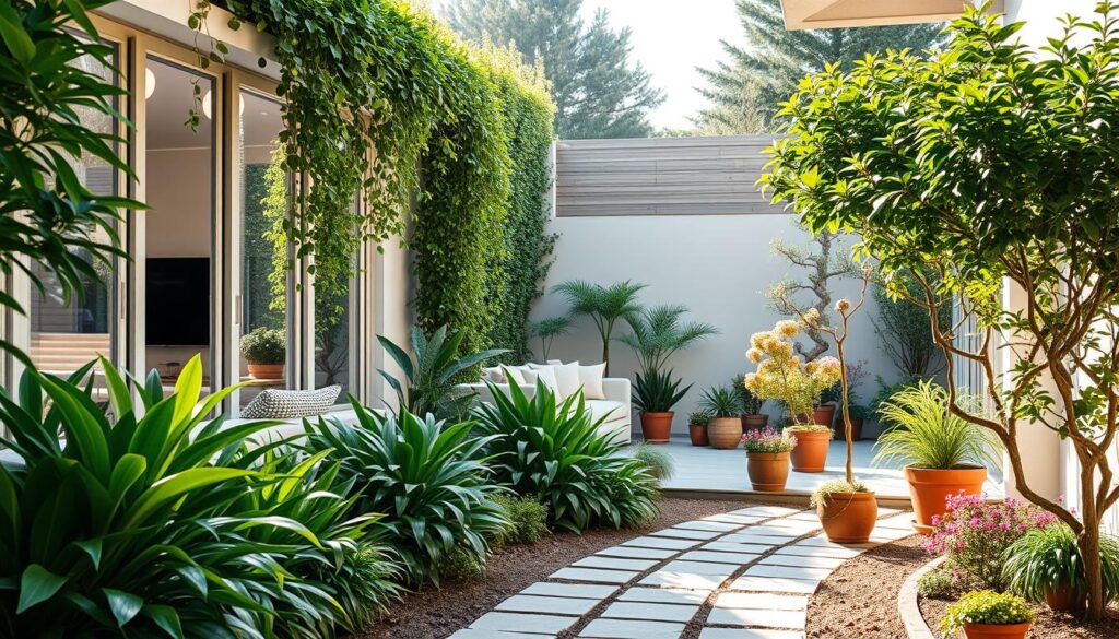 A lush, well-manicured garden seamlessly merging with a modern, sun-drenched interior. Verdant plants cascade from large windows, blurring the boundaries between indoors and out. Sleek, minimalist furniture harmonizes with the natural elements, creating a serene, harmonious atmosphere. Soft, diffused lighting filters through the foliage, casting a warm, inviting glow. A paved stone path leads the eye from the cozy living space to a tranquil patio, where potted trees and flowers spill over the edges. The overall scene evokes a sense of tranquility and a deliberate integration of the built and natural environments. A lush, well-manicured garden seamlessly merging with a modern, sun-drenched interior. Verdant plants cascade from large windows, blurring the boundaries between indoors and out. Sleek, minimalist furniture harmonizes with the natural elements, creating a serene, harmonious atmosphere. Soft, diffused lighting filters through the foliage, casting a warm, inviting glow. A paved stone path leads the eye from the cozy living space to a tranquil patio, where potted trees and flowers spill over the edges. The overall scene evokes a sense of tranquility and a deliberate integration of the built and natural environments.