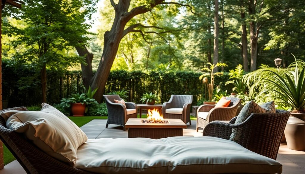 A peaceful garden oasis with comfortable outdoor furniture, perfect for relaxation. In the foreground, a plush, oversized rattan chaise lounge with thick cushions invites you to unwind. In the middle ground, a cozy conversation set of wicker armchairs and a low coffee table surrounds a flickering fire pit, casting a warm glow. The background features lush greenery, with tall trees and potted plants creating a serene, secluded atmosphere. Diffused sunlight filters through the foliage, casting gentle shadows and creating a serene, calming mood. The overall scene conveys a sense of tranquility and rejuvenation, perfect for an article on selecting comfortable and durable outdoor furniture.