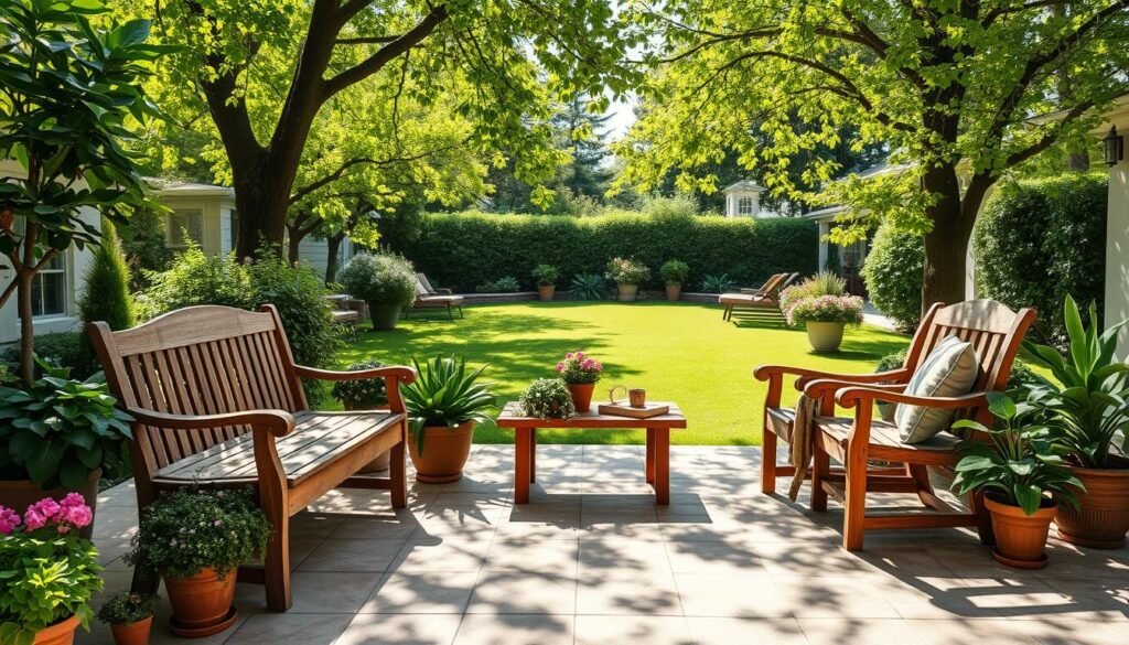 A sun-dappled outdoor scene featuring a cozy seating area with meticulously restored garden furniture. In the foreground, a weathered wooden bench and armchairs stand revitalized, their surfaces sanded smooth and refinished with a rich, warm stain. Lush, verdant potted plants and blooming flowers frame the seating, creating a serene and inviting atmosphere. In the middle ground, a paved patio with intricate tile patterns extends outward, leading the eye to a lush, well-manicured lawn dotted with vibrant greenery. Overhead, a canopy of verdant trees filters the gentle sunlight, casting a soft, natural glow over the entire composition. The overall mood is one of peaceful rejuvenation, where careful restoration has breathed new life into the outdoor living space.