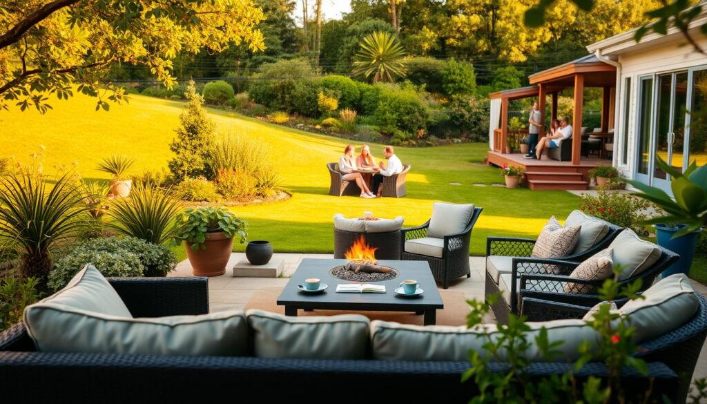 A tranquil garden oasis, bathed in warm afternoon light. In the foreground, a stylish set of outdoor furniture - a plush sofa, chairs, and a coffee table, crafted from durable, weather-resistant materials. The middle ground features vibrant greenery, lush potted plants, and a cozy fire pit, inviting relaxation. In the background, a gently sloping lawn leads to a wooden deck, where a group of friends gathers, enjoying the comfort and ambiance of their thoughtfully curated patio space. The scene conveys a sense of enduring quality, as the carefully selected outdoor furnishings blend seamlessly with the natural environment, promising years of enjoyment and a worthwhile investment.