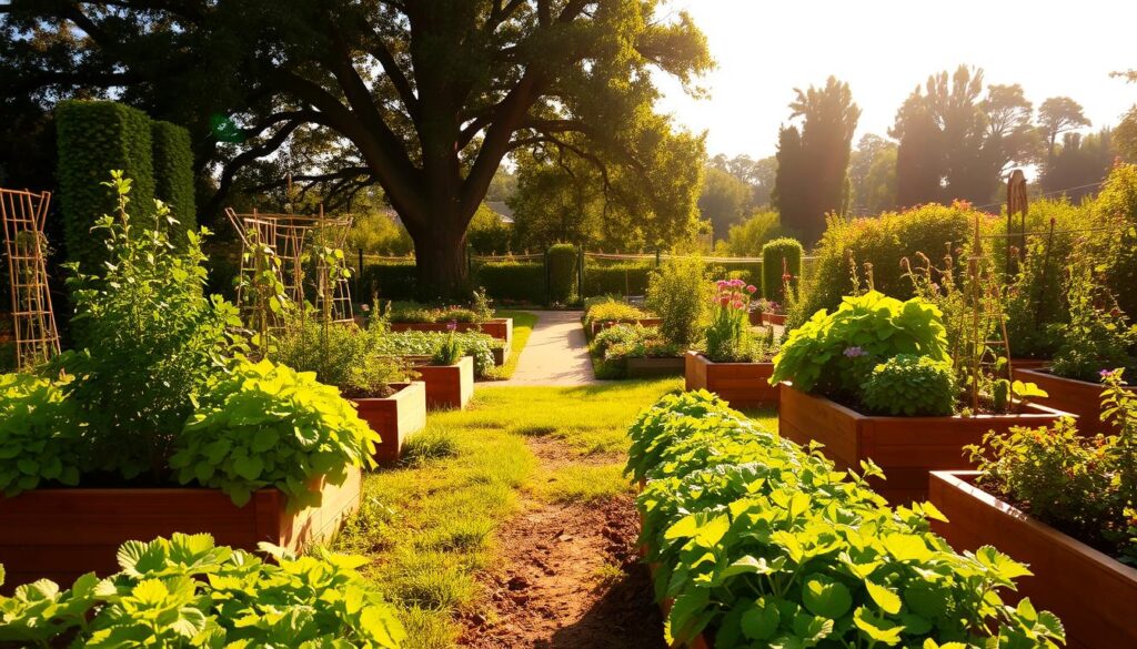 A vibrant and well-organized home garden, bathed in warm, golden afternoon sunlight. In the foreground, rows of healthy vegetable plants and herbs, their lush foliage swaying gently in a light breeze. Wooden raised garden beds frame the scene, their earthy tones complementing the verdant greens. In the middle ground, a path winds through the garden, flanked by blooming flowers in a riot of colors. Towering shade trees line the perimeter, casting dappled shadows and creating a sense of tranquility. The overall atmosphere is one of peaceful productivity, inviting the viewer to imagine the bounty and joy of cultivating their own backyard oasis. A vibrant and well-organized home garden, bathed in warm, golden afternoon sunlight. In the foreground, rows of healthy vegetable plants and herbs, their lush foliage swaying gently in a light breeze. Wooden raised garden beds frame the scene, their earthy tones complementing the verdant greens. In the middle ground, a path winds through the garden, flanked by blooming flowers in a riot of colors. Towering shade trees line the perimeter, casting dappled shadows and creating a sense of tranquility. The overall atmosphere is one of peaceful productivity, inviting the viewer to imagine the bounty and joy of cultivating their own backyard oasis.
