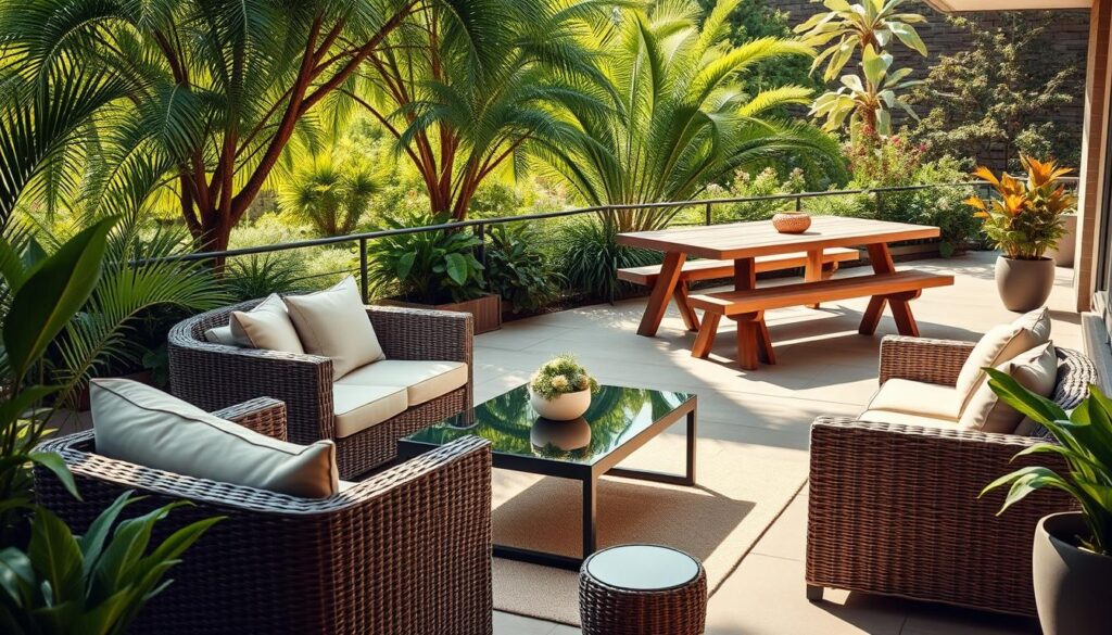 A well-curated outdoor furniture display on a sun-drenched terrace. In the foreground, an inviting seating arrangement with comfortable wicker armchairs and a sleek, modern coffee table. Lush potted plants flank the scene, adding a touch of natural elegance. The middle ground showcases an elegant dining set, featuring a sturdy wooden table and matching benches, perfect for alfresco meals. In the background, a verdant garden backdrop with swaying trees creates a serene, tranquil atmosphere. Warm, diffused lighting casts a soft glow, highlighting the natural textures and tones of the furniture. The overall composition conveys a harmonious blend of style, functionality, and connection with the outdoor environment. A well-curated outdoor furniture display on a sun-drenched terrace. In the foreground, an inviting seating arrangement with comfortable wicker armchairs and a sleek, modern coffee table. Lush potted plants flank the scene, adding a touch of natural elegance. The middle ground showcases an elegant dining set, featuring a sturdy wooden table and matching benches, perfect for alfresco meals. In the background, a verdant garden backdrop with swaying trees creates a serene, tranquil atmosphere. Warm, diffused lighting casts a soft glow, highlighting the natural textures and tones of the furniture. The overall composition conveys a harmonious blend of style, functionality, and connection with the outdoor environment.