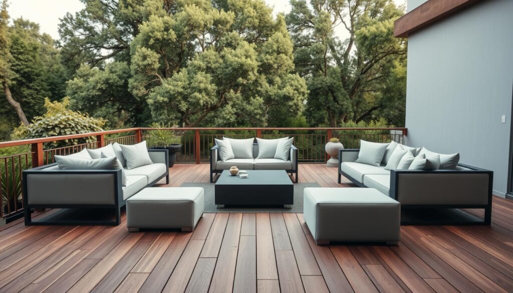 A well-lit, high-quality image of a recently renovated wooden deck or terrace, with a carefully curated arrangement of modern, minimalist outdoor furniture. The deck is made of rich, textured wood planks, surrounded by lush greenery and mature trees in the background. Soft, diffused lighting from overhead fixtures creates a warm, inviting atmosphere. In the foreground, sleek, modular sofas and armchairs in neutral tones are paired with a low, rectangular coffee table, all positioned to create a cohesive, visually appealing seating area. The overall composition conveys a sense of relaxation, comfort, and sophisticated outdoor living. A well-lit, high-quality image of a recently renovated wooden deck or terrace, with a carefully curated arrangement of modern, minimalist outdoor furniture. The deck is made of rich, textured wood planks, surrounded by lush greenery and mature trees in the background. Soft, diffused lighting from overhead fixtures creates a warm, inviting atmosphere. In the foreground, sleek, modular sofas and armchairs in neutral tones are paired with a low, rectangular coffee table, all positioned to create a cohesive, visually appealing seating area. The overall composition conveys a sense of relaxation, comfort, and sophisticated outdoor living.