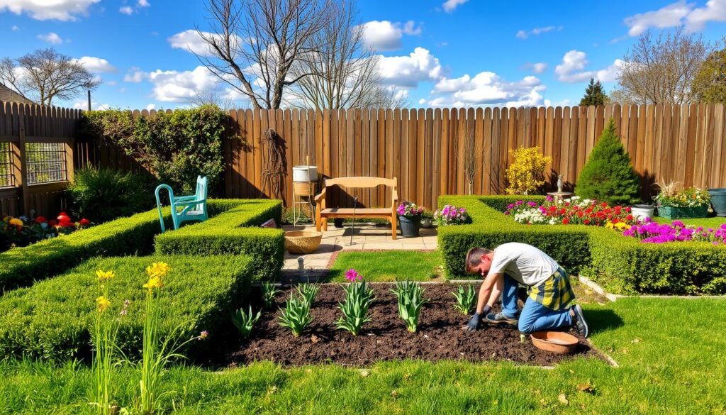 A well-maintained garden in the springtime, with lush green grass, vibrant flowers in full bloom, and neatly pruned hedges. In the foreground, a person is working diligently, tending to the soil, planting new seedlings, and carefully arranging garden tools. The middle ground features a cozy patio area with a wooden bench, inviting visitors to take a moment to appreciate the serene outdoor space. In the background, a picturesque wooden fence frames the scene, with a blue sky dotted with fluffy white clouds overhead, casting a warm, natural light across the entire composition. The atmosphere is one of tranquility and the promise of a bountiful growing season ahead.